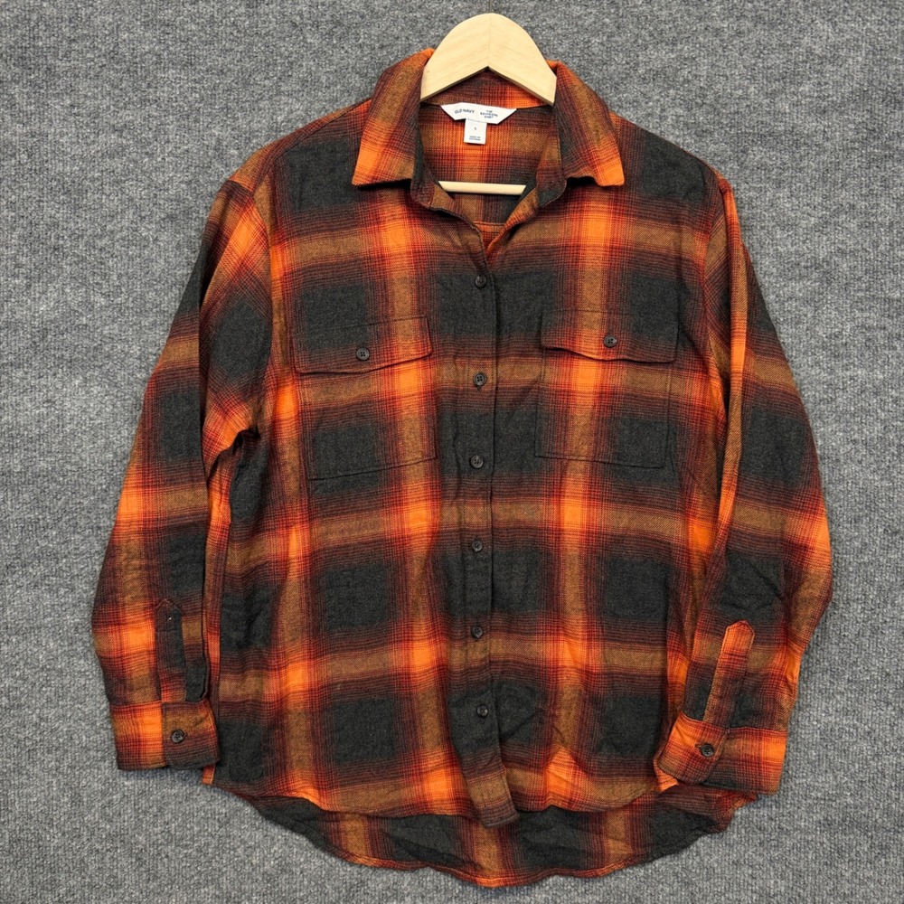 Old Navy Sz Small The Boyfriend Shirt Orange Cotton Plaid Flannel Swift Evermore
